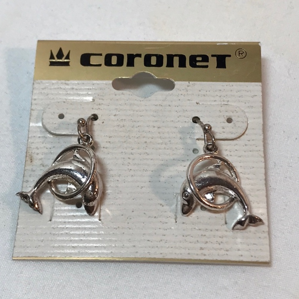 Coronet dolphin earrings in silver tone, 1/2 inch length